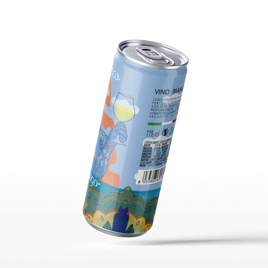 Lattina 250ml di vino bianco PERLEDELLAGO, packaging sostenibile